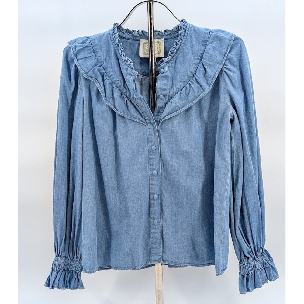 STS Sail to Sable Blue Chambray Bib Blouse‎ Top Womens XS Ruffled